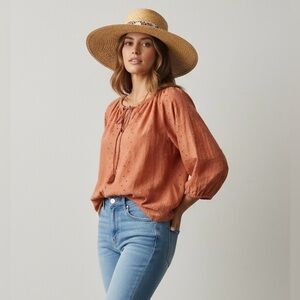 MNG Large Peach Eyelet Peasant‎ Top Boho Blouse Tie Neck 3/4 Sleeve